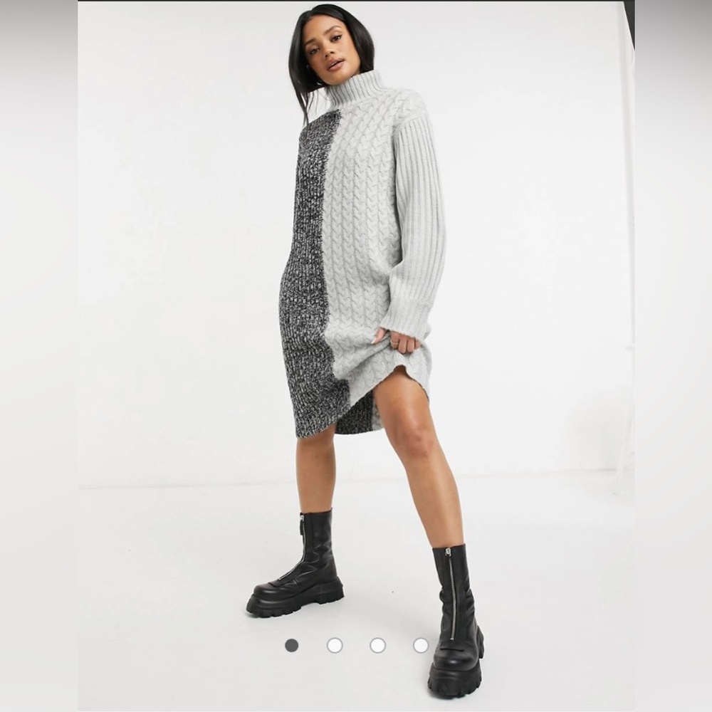 New - Violet Romance contrast cable knit roll neck sweater dress in grey